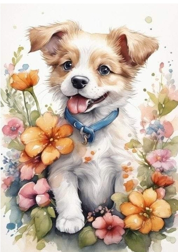 Lovely Little Puppy With Coloured Flowers A4
