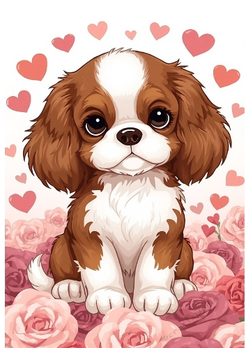 Lovely Little Cavalier Puppy With Hearts & Roses A4