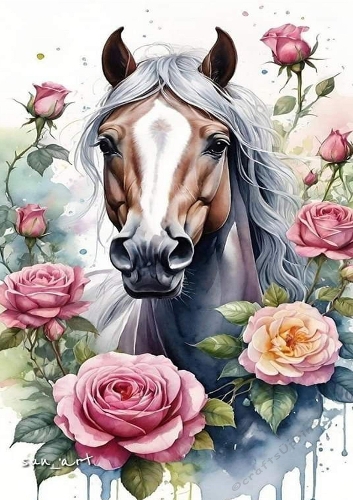 Pretty Brown Horse With Roses A4