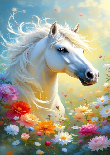 Pretty Brown Horse With Rainbow Flowers A4