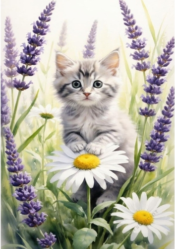 Cute Grey Kitten With Bluebells A4