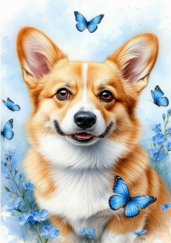 Cute Corgi With Blue Butterflies A4