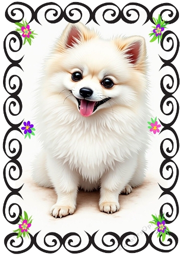 Cute White Pomeranian Puppy In Black Scroll Frame A4