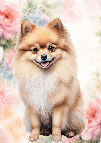 Cute Brown Pomeranian Puppy In Flower Frame A4
