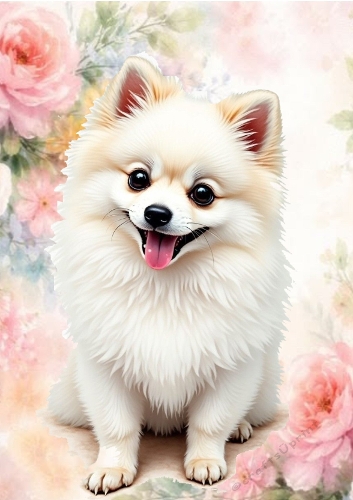 Cute White Pomeranian Puppy In Flower Frame A4