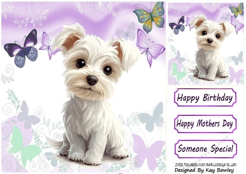 Cute White Westie Puppy With Purple Butterflies 8x8
