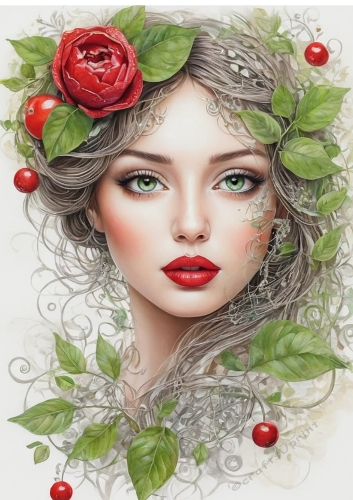 Pretty Lady With Green Leaves A4 (ONE)