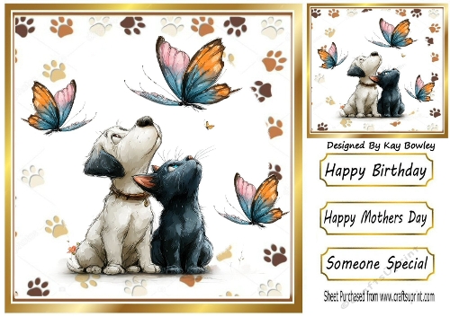 Cute Puppy & Kitten With Butterflies 8x8