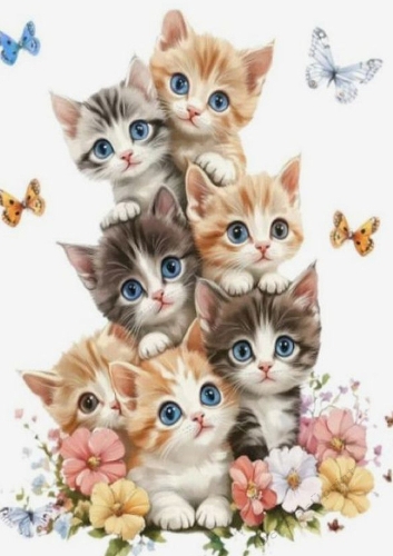 7 Playful Little Kittens With Butterflies A4 (THREE)