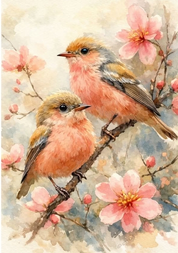 Pretty Birds On A Branch With Flowers A4