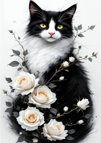Beautiful Black And White Cat, With Cream Roses A4