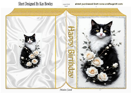 Beautiful Black And White Cat, With Cream Roses Folded Book