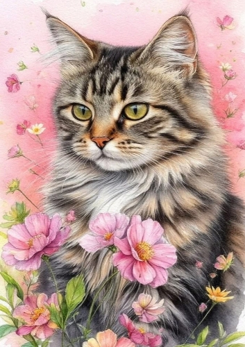 Pretty Tabby Cat With Pink Flowers A4