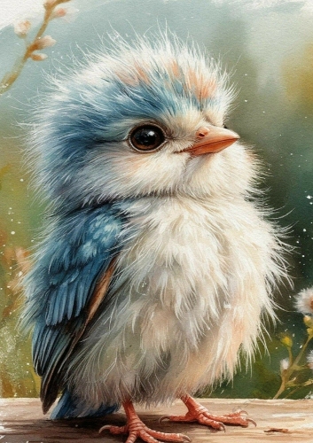 Little Blue/White Baby Bird A4 (ONE),