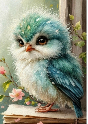 Little Blue/White Baby Bird A4 (TWO),