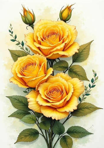 3 Beautiful Yellow Roses On A Stem A4