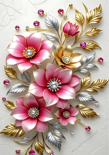 Pretty Pink, Silver, Gold, Flowers A4