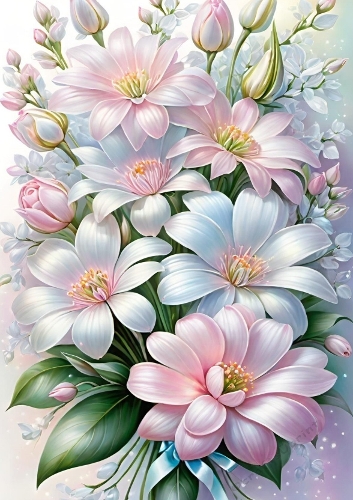 Pretty Pink & White Pearl FlowerS A4