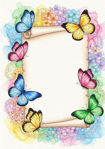 Pretty Coloured Butterflies On A Scroll Frame A4