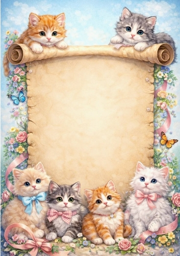 Cute Kittens On A Scroll Frame A4