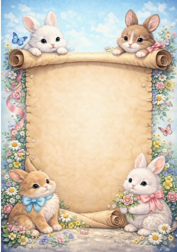 Cute Bunnies On A Scroll  With Flowers Frame A4