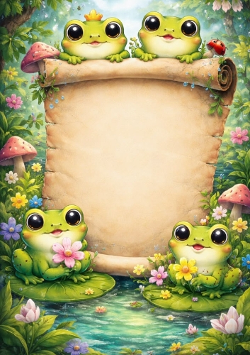 Cute Cheeky Frogs On A Scroll Frame A4