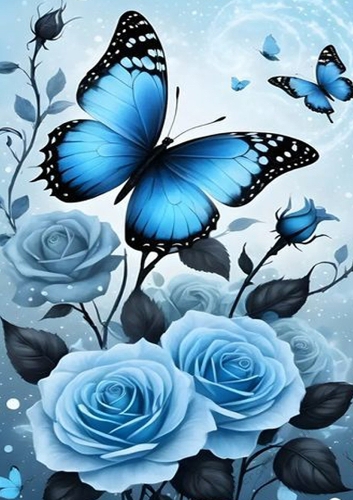 Pretty Big Blue Roses With Butterflies A4