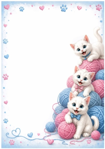 Cute White Kittens Playing With Balls Of Wool A4 Frame