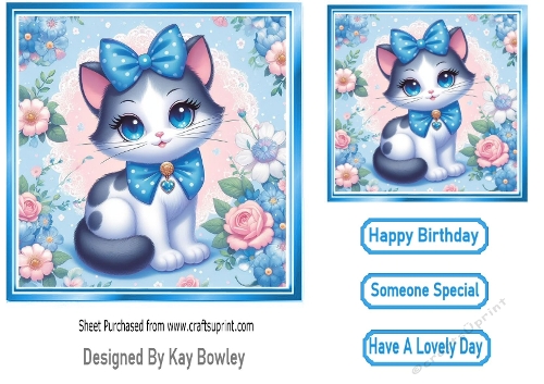 Cute Kitty With Bow & Flowers 7x7 Card Front
