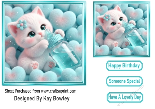 Cute White Kitty With Turq Hearts  7x7 Card Front