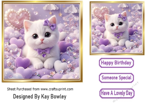 Lovely White Kitten Purple Hearts 7x7