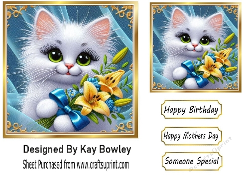 Cute White Kitten With Green Eyes, With Flowers 7x7 (TWO)