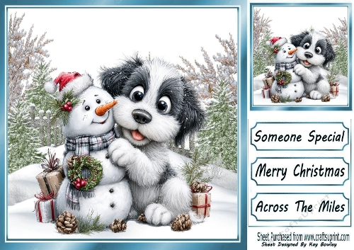 Cute Snowman & Puppy In The Snow Cuddling 8x8  (TWO)