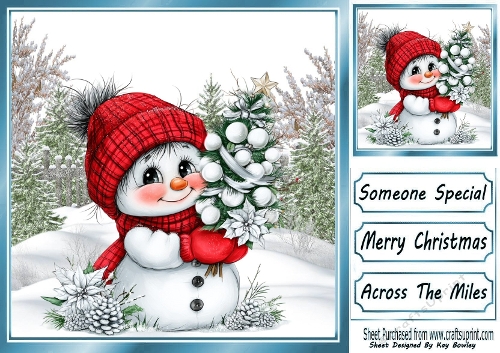 Cute Snowman In The Snow With Bauble Tree 8x8  (FOUR)