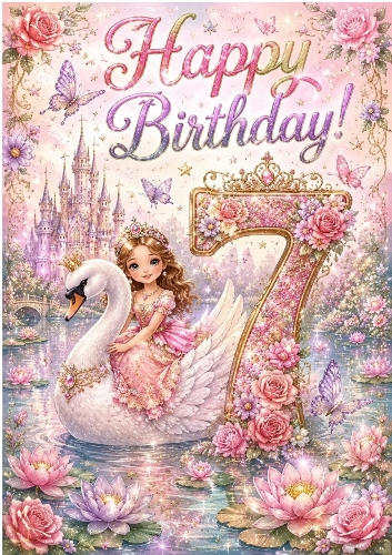 Lovely A4 Card, For A Little Girl Swan Aged SEVEN