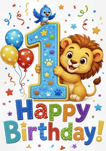 Lovely A4 Card, For A Little Boy Lion Aged ONE