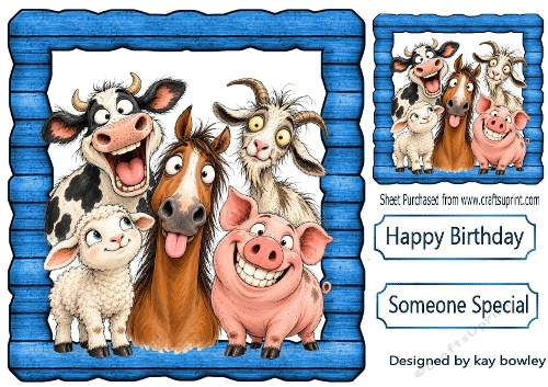 Funny Faces Farm Animals In Blue Wooden Frame 8x8