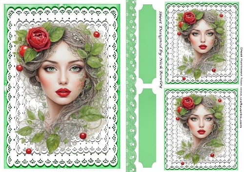 Modern Art Elegant Lady In Green, With Red Rose White Lace A5 Card