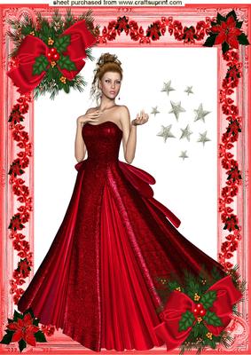 Beautiful Lady in Red Gown with Poinsettias A4 Topper