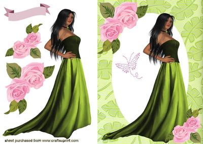 Pretty Lady in Green Dress , with Pink Roses