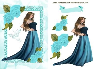 Pretty Lady in Blue Dress, with Blue Roses