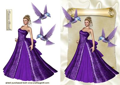 Beautiful Lady in Purple Gown with Birds
