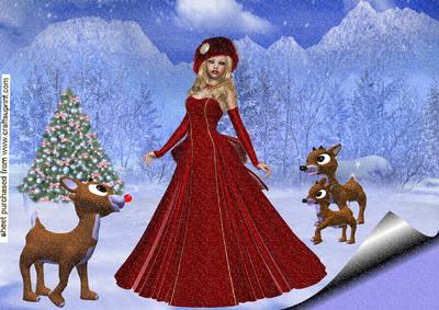 Snow Scene of a Beautiful Lady and Cute Reindeers A4 Topper
