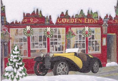 Beautiful Christmas Scene of a Pub & Vintage Car