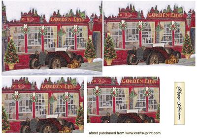 Christmas Scene of a Red Vintage Car and Pub, Pyramids