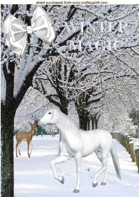 Beautiful White Horse & Deer in the Snow, A4 Topper
