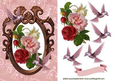 Vintage Pink Roses with Humming Birds