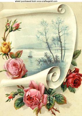 Roses on a Scroll, with Water Scene A4 Topper