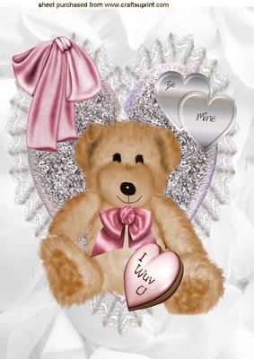 I Wuv U, Big Cuddly Teddy on Silver Heart, A4 Topper