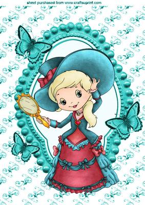 Little Vintage Lady with Blue Butterflies A4 Topper
